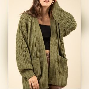 Olive Green Textured Sleeve Oversize Knit Sweater Cardigan